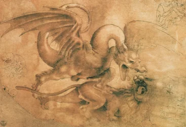 Kampf zwischen einem Drachen und einem Löwen